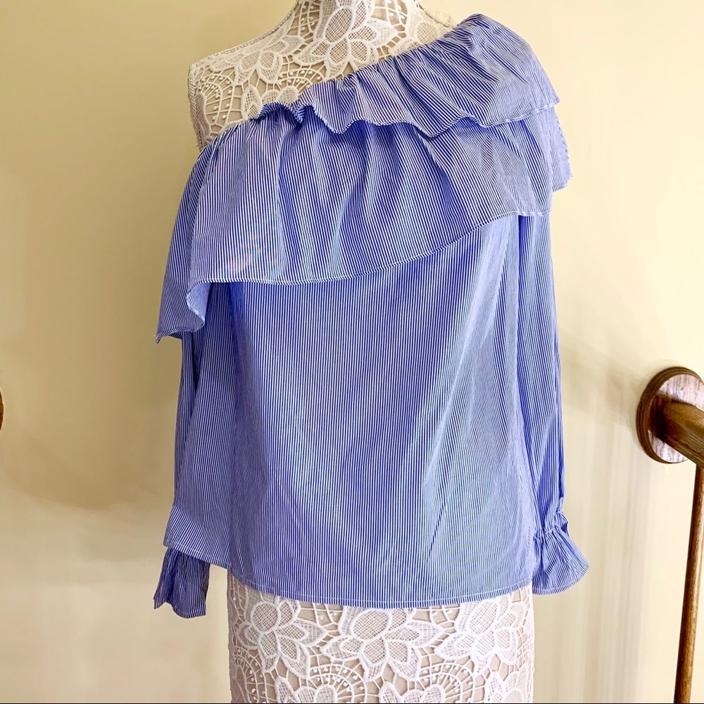 Aqua one shoulders striped blue shirt size S - Picture 2 of 5